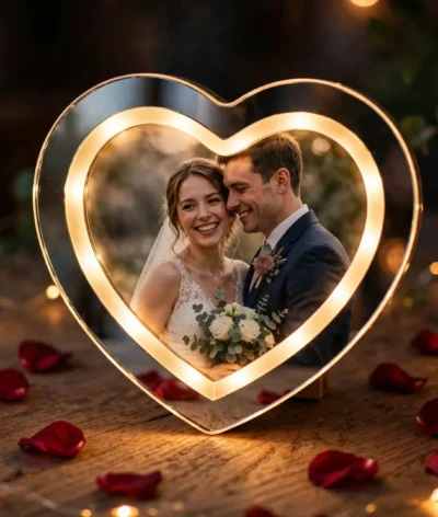 Magic mirror heart shape glowing with wedding couple photo – personalized LED gift Pakistan