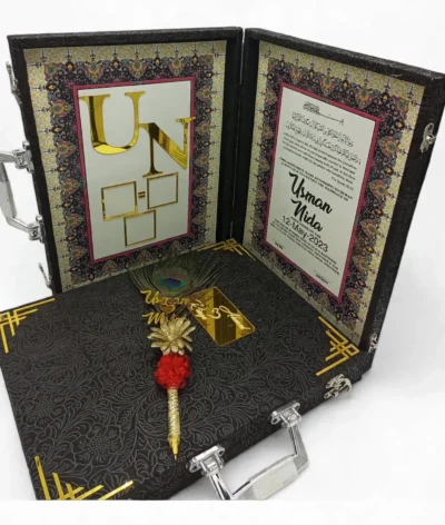 Nikkah booklet with box open – personalised nikkah certificate and decorative pen inside – Wedding Bundle Pakistan