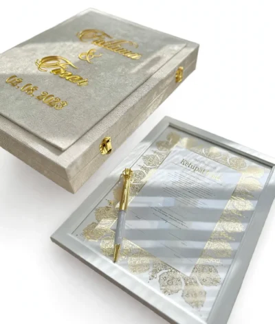 Nikkah booklet with box – personalised white keepsake box with gold names, framed certificate and pen – Wedding Bundle Pakistan