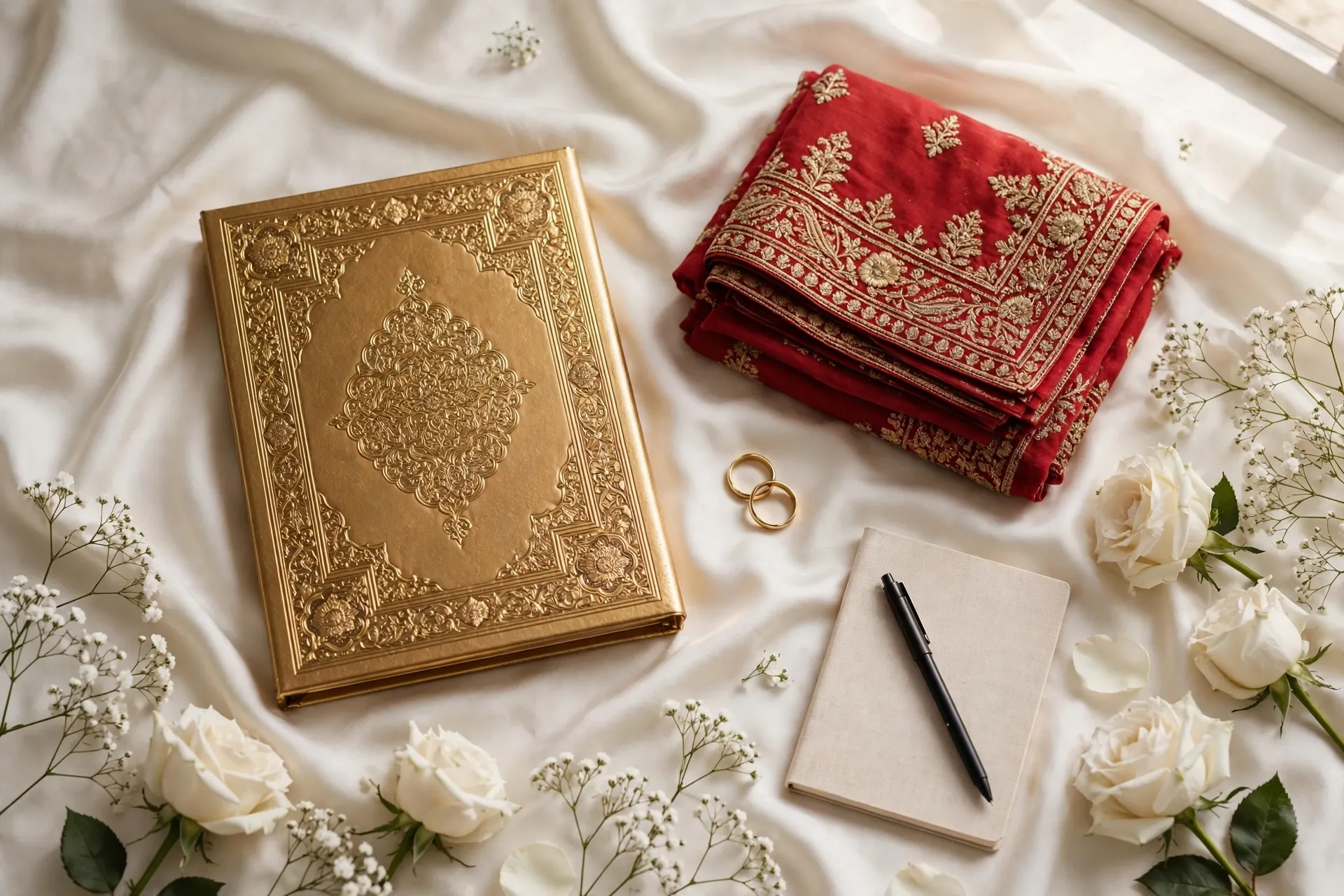 Nikkah ceremony checklist Pakistan 2026 - planning flat-lay with certificate, dupatta and rings