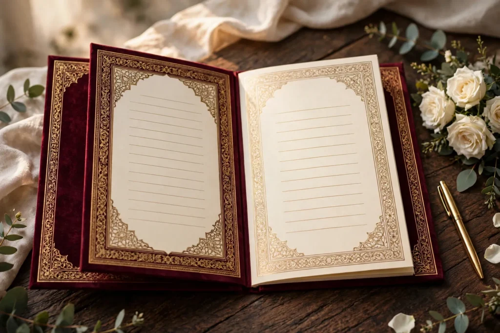 Nikkah certificate wording guide 2026 – maroon velvet nikkah certificate booklet with gold embossing