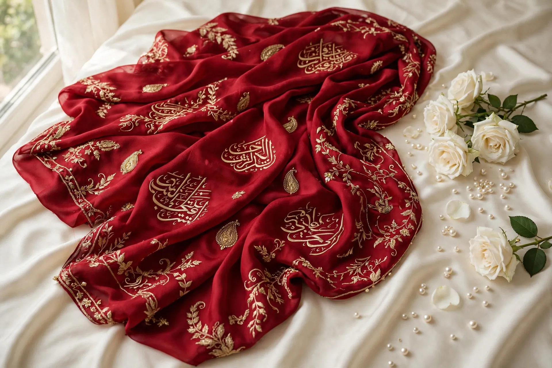 Nikkah dupatta price in Pakistan 2026 guide, red bridal dupatta with gold embroidery