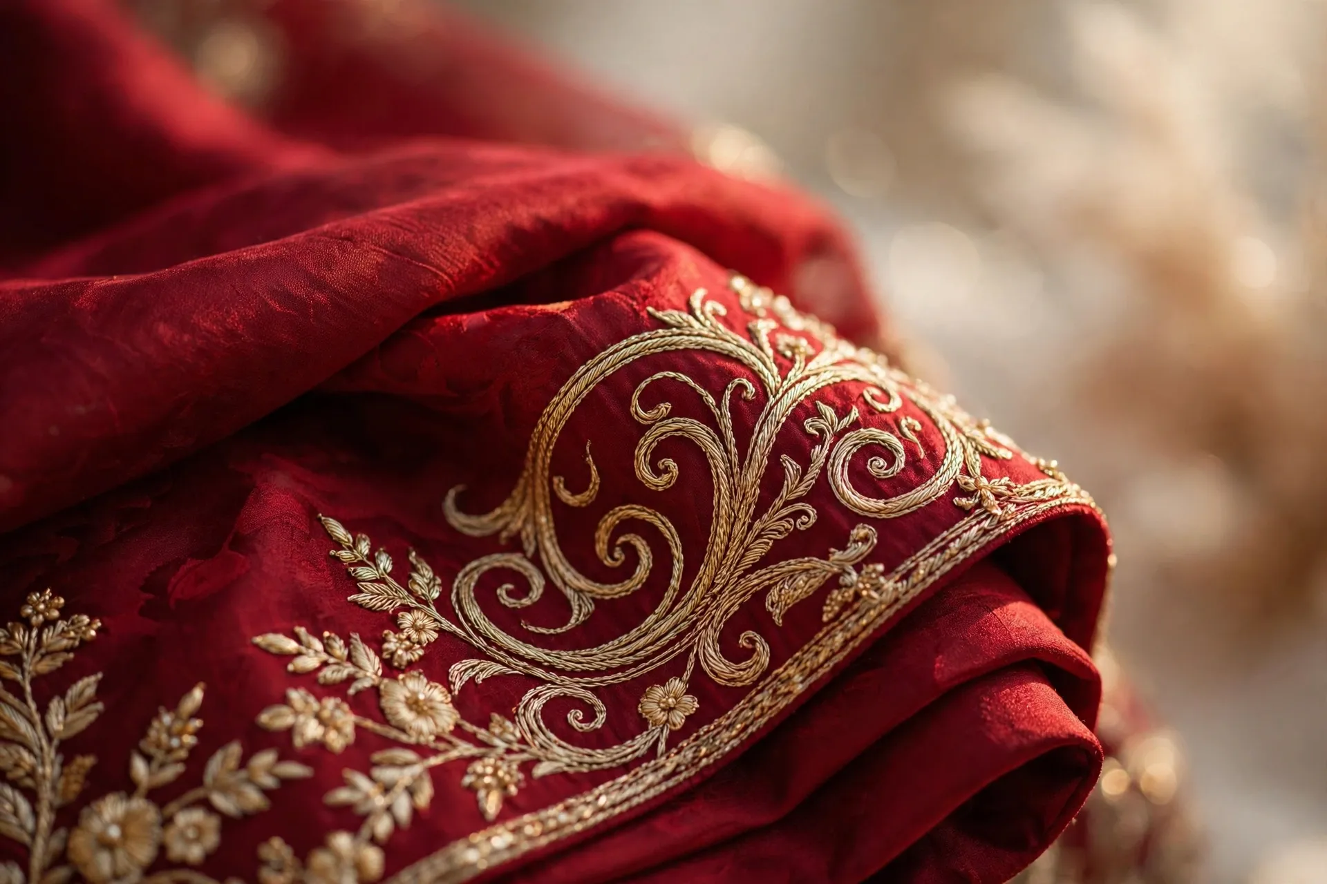 Best qabool hai dupatta wording ideas 2026: red bridal dupatta with gold embroidery close-up