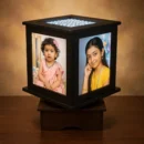 Wooden rotating photo lamp with 6 personalised pictures glowing warmly – Wedding Bundle Pakistan
