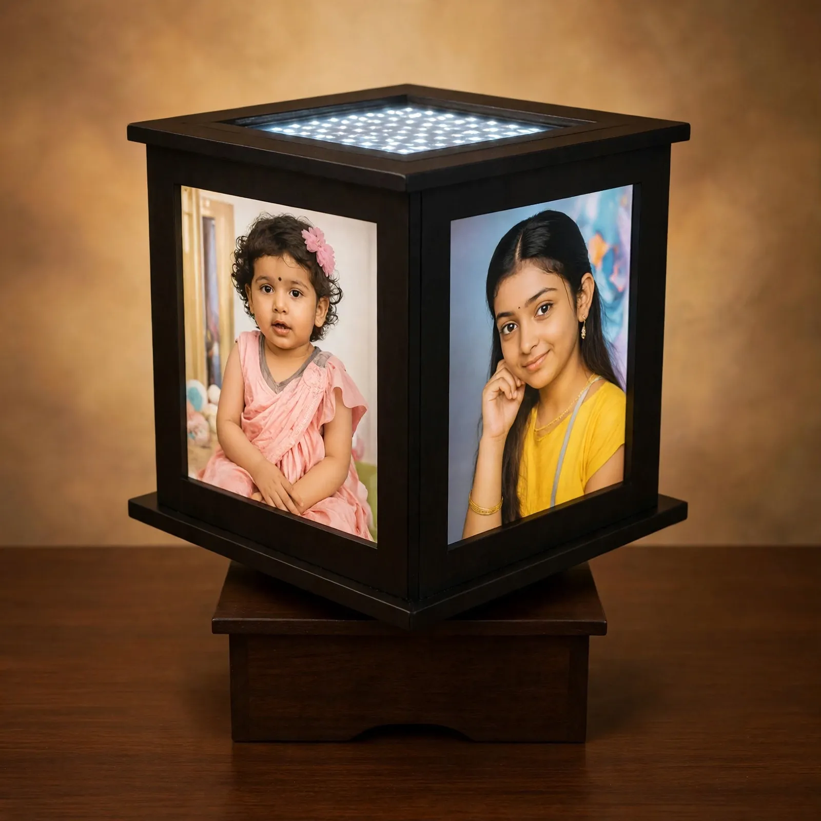 Wooden rotating photo lamp with 6 personalised pictures glowing warmly – Wedding Bundle Pakistan